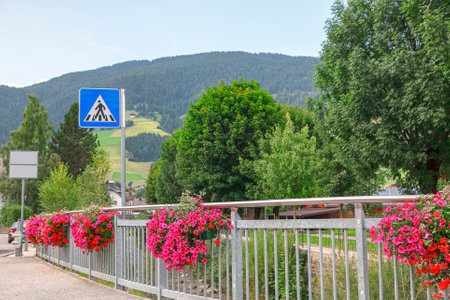 Flowerbed at balustrade . Street side with flowers and road signsの写真素材