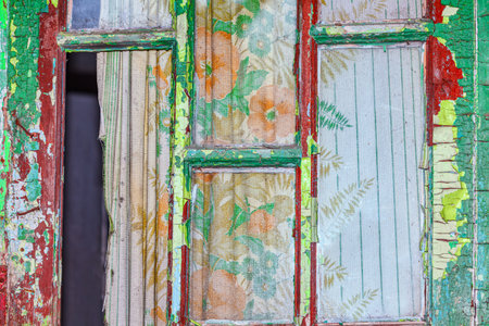 Window of abandoned house . Old window with curtainsの写真素材