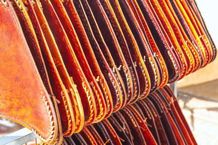 Leather for stool at market . Handmade seat leather