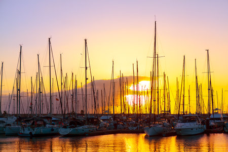 Harbor with yachts in twilight . Boat masts and sunset