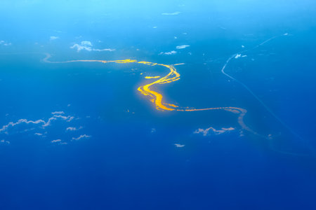 Aerial Blue Earth and River Meander .  River Meandering Through A Valley