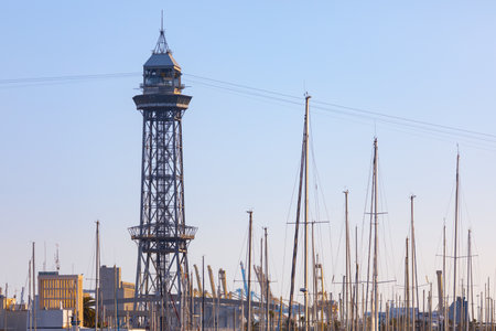 Port Cable Car in Barcelona . Torre Jaume Barcelona . Harbor yacht mastsの写真素材