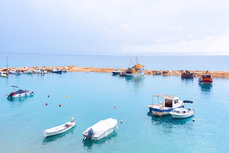 Sailboats Moored in a Lagoon . Boats at blue seaの写真素材