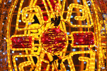 Christmas decoration on the street, closeup of photo with bokeh effectの写真素材