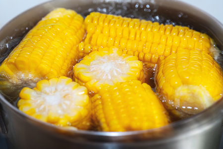 boiled sweet corn on the cob in hot water, close upの写真素材