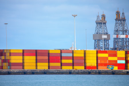 Container ship in port of Rotterdam, Netherlands. Industrial backgroundの写真素材