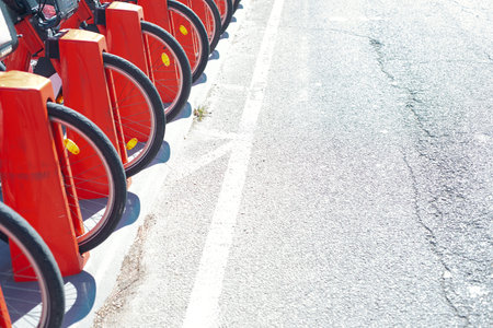 Bicycle parking lot on the road in the city. Close up.