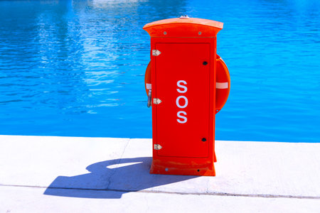 Red SOS box on the edge of swimming pool with blue waterの写真素材
