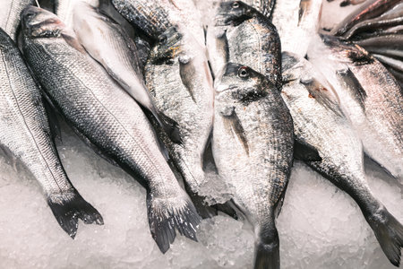 Fresh fish on ice at a seafood market. The fish are all the same sizes and shapes
