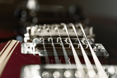 Close up of a electric guitar neck with strings. Craftsmanship and detail of the string musical...