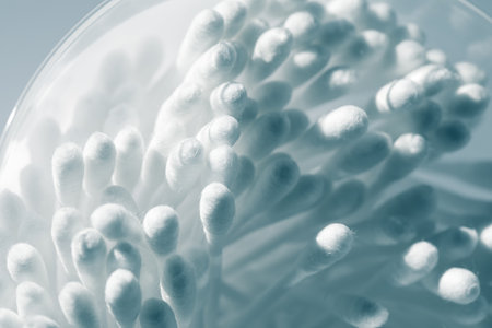 Cotton swabs in a container. The swabs are white and appear to be in a cluster. Concept of cleanliness and hygiene, as cotton swabs are commonly used for personal careの写真素材