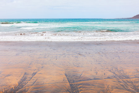 Serene view of the Pacific coast featuring a sandy beach with intricate patterns, gentle waves...