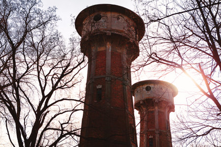 Two old brick water towers silhouetted against a pale sky, surrounded by bare trees with sunlight peeking through. A moody and atmospheric scene blending industrial architecture with natural elementsの写真素材
