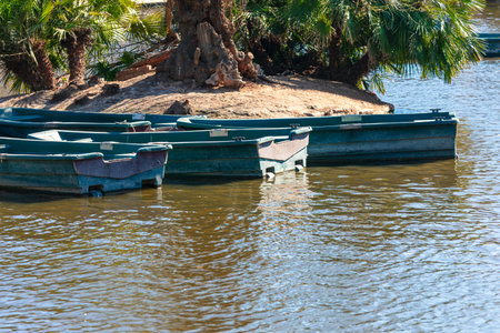 Rowboats rest peacefully on a tranquil waterway, nestled beside a small island. Still water reflects...