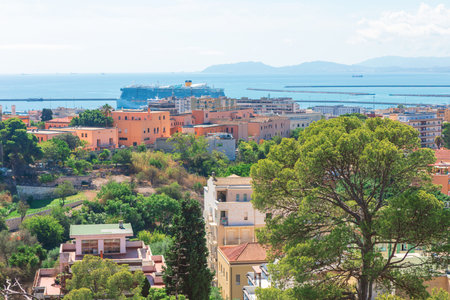 Bright panoramic view of Cagliari city, Sardinia, colorful historic buildings surrounded by lush greenery with harbor and cruise ship in background. Scenic coastal cityscape with Mediterranean charmの写真素材