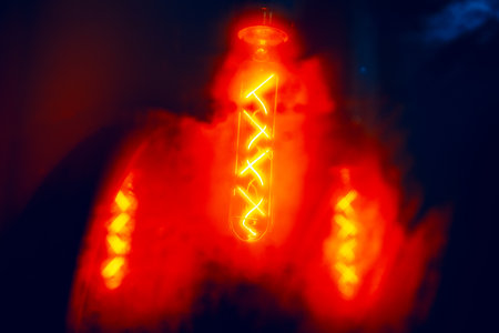 Glowing vintage style filament light bulb emits warm red light, dramatically contrasting against deep, smoky background. Intricate spiral filament creates inviting, atmospheric glow within dark spaceの写真素材