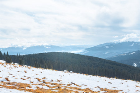 Snow covered Carpathian Mountains landscape under cloudy sky. Foreground features a snowy slope with...