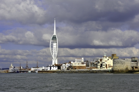 A view of Spinnaker Tower and Portsmouth harbour in the United Kingdom from the waterのeditorial素材