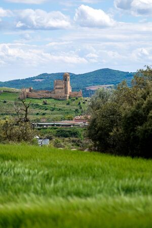 view across green crop of village and town with a churchの写真素材