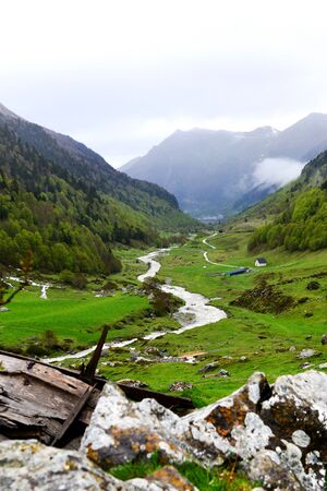 French Pyrenean landscape with stream in valleyの写真素材