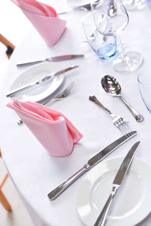table place setting seen from above of formal dinner party mealの写真素材