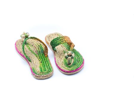 Sandals made from reed plant, Water Hyacinth isolated on white backgroundの写真素材