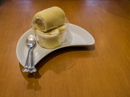 Banana roll cake with nuts. Banoffee pie cakesの写真素材