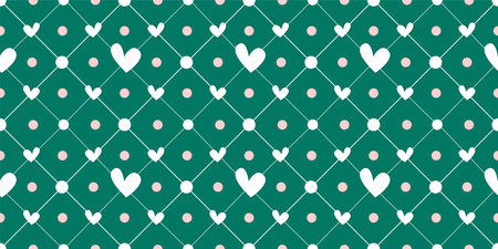 Seamless pattern with hearts and dots on a green background.