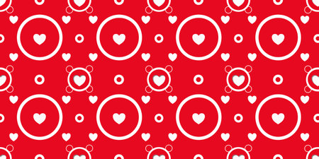 Seamless pattern with white hearts and circles on a red backgroundの写真素材