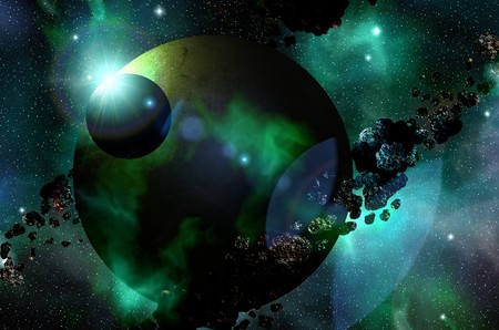 Fantastic space landscape. Journey through the galaxy. Mysterious worlds deep space.