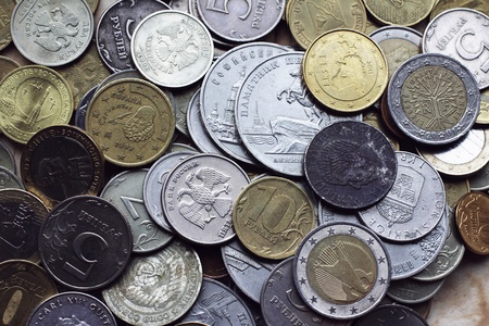 Coins from different countries currency, the Euro, the dollar, the Krona, mark, RURの写真素材