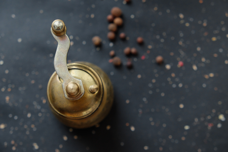 Hand-held coffee grinder on the table. Top view.の写真素材