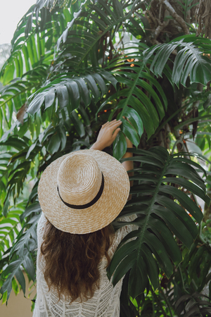 Portrait of a beautiful girl in the leaves of a palm tree in an Asian countrysideの写真素材