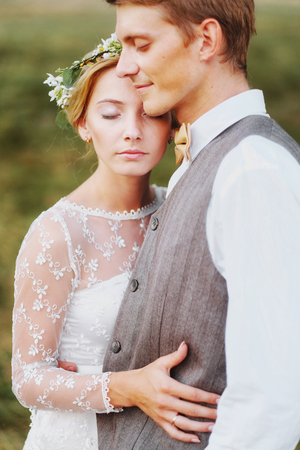 A large portrait of the bride and groom. Rustic styleの写真素材