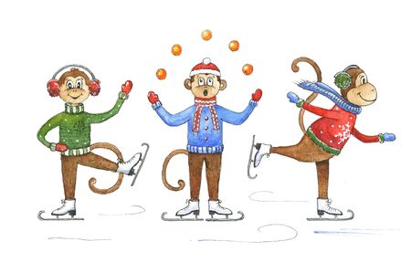 Funny cartoon monkeys on ice skates. Watercolor monkey and New Year decoration elements. Christmas background with monkey. New Year Monkey. Mascot illustration of the Chinese Calendar Christmas Card.の写真素材