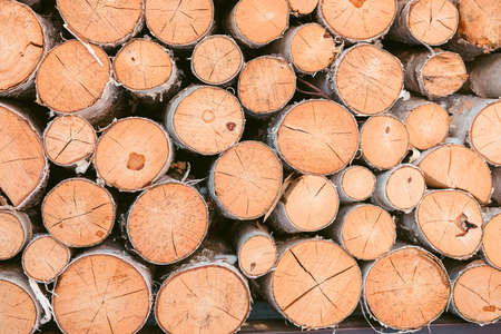 Wooden background - closeup. Firewood for the winter, stacks of firewood, pile of firewood. Firewood stacked and prepared for winter.の写真素材