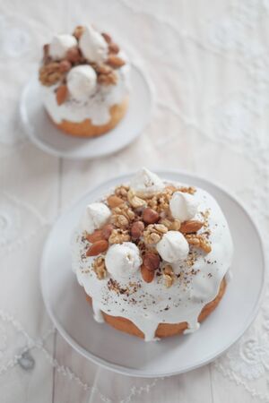 Easter cake with white icing on a plate