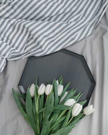 Bouquet of white tulips on a gray backgroundの写真素材