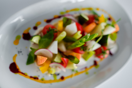 Vegetable plate. Beautiful serving of food in the restaurantの写真素材