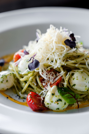 Spaghetti with basil and mozzarella cheese in a white plateの写真素材