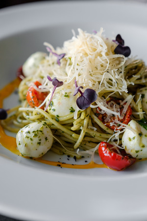 Spaghetti with basil and mozzarella cheese in a white plateの写真素材
