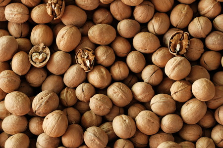 Walnuts background. Walnuts texture. Healthy organic food concept. Top view. View above