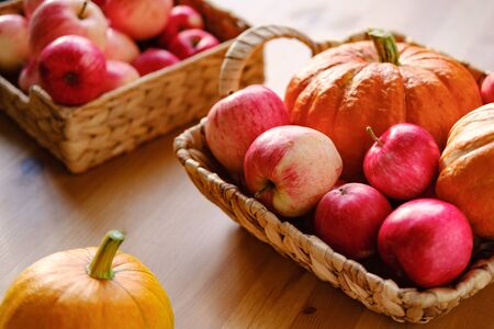 Fresh red apples and pumpkins in a basket on the table, which are very useful for a diet. Harvesting. Beautiful Holiday Autumn festival concept scene Fall, Harvestの写真素材