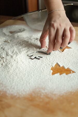 Woman bakes cookies in kitchen. Christmas background with cookies cutters, flour, on old rustic...