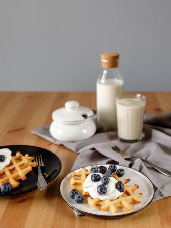 Viennese waffles with ice cream and blueberries with a bottle of milk. side viewの写真素材