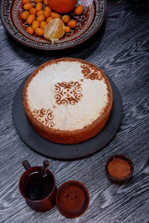 Close-up of a delicious cake with white cream. baking conceptの写真素材