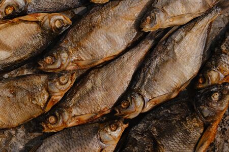conceptual flat background of dried fish. vobla. dried fish. close-upの写真素材