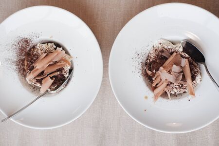 two ice cream with chocolate chips and cocoa topping. close-up. desserts conceptの写真素材