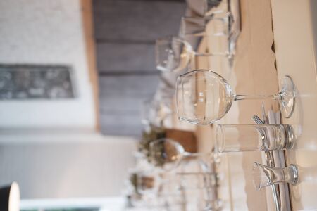 served table in a cafe, empty glasses, perspective, interior in a cafeの写真素材