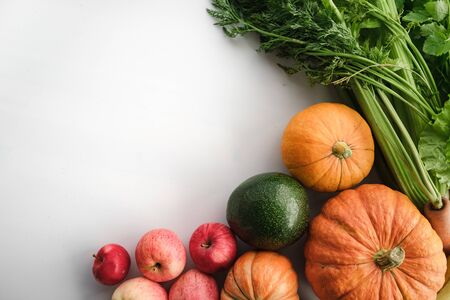 flat lay of fresh fruits and vegetables for background, Different fruits and vegetables for eating healthy, Colorful fruits and vegetables on light backgroundの写真素材